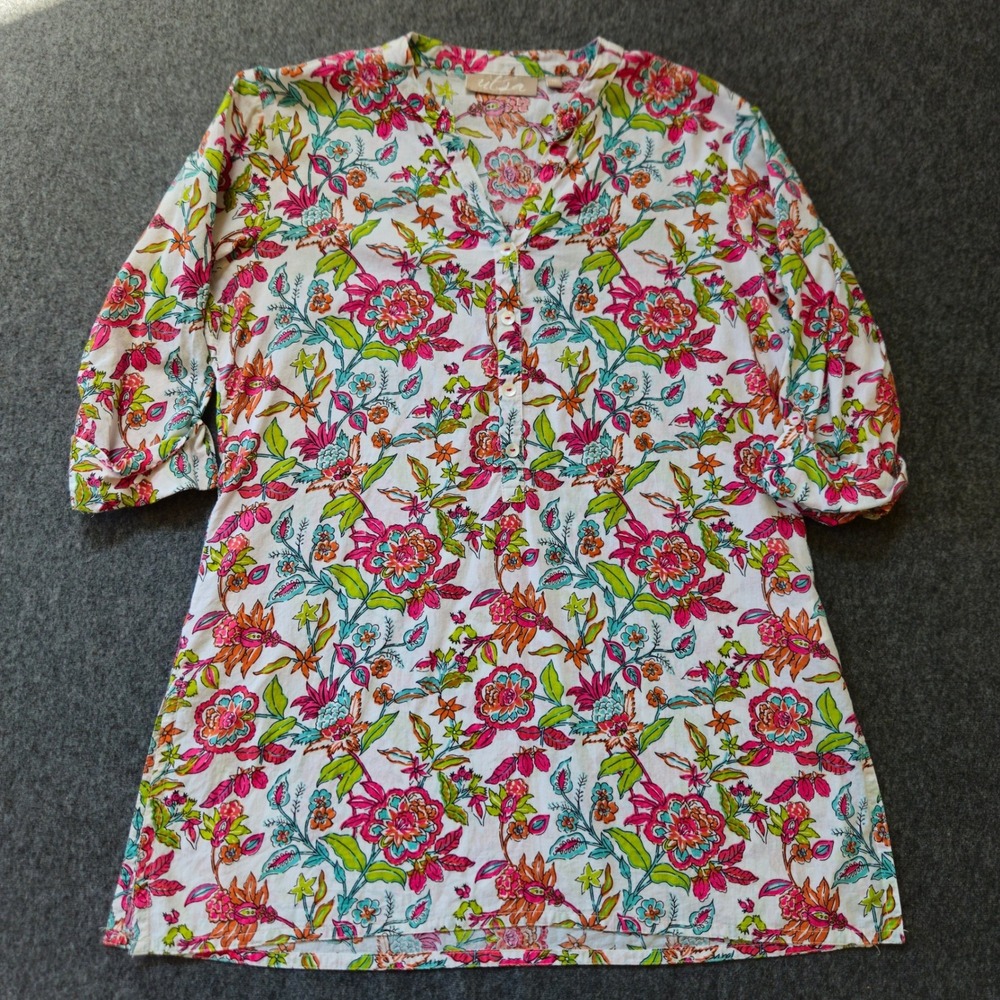Utsa Floral Indian Cotton Tunic Top‎ Sz Medium 3/4 Sleeve Traditional Boho Layer